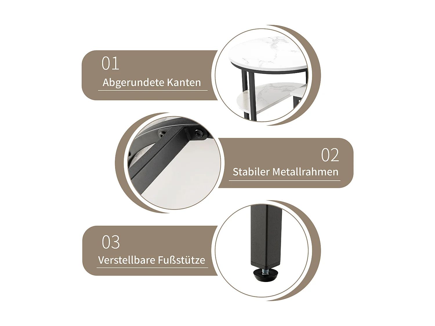 Rechthoekige en ronde salontafels in wit marmer met zwart metalen frame, modern en elegant design.