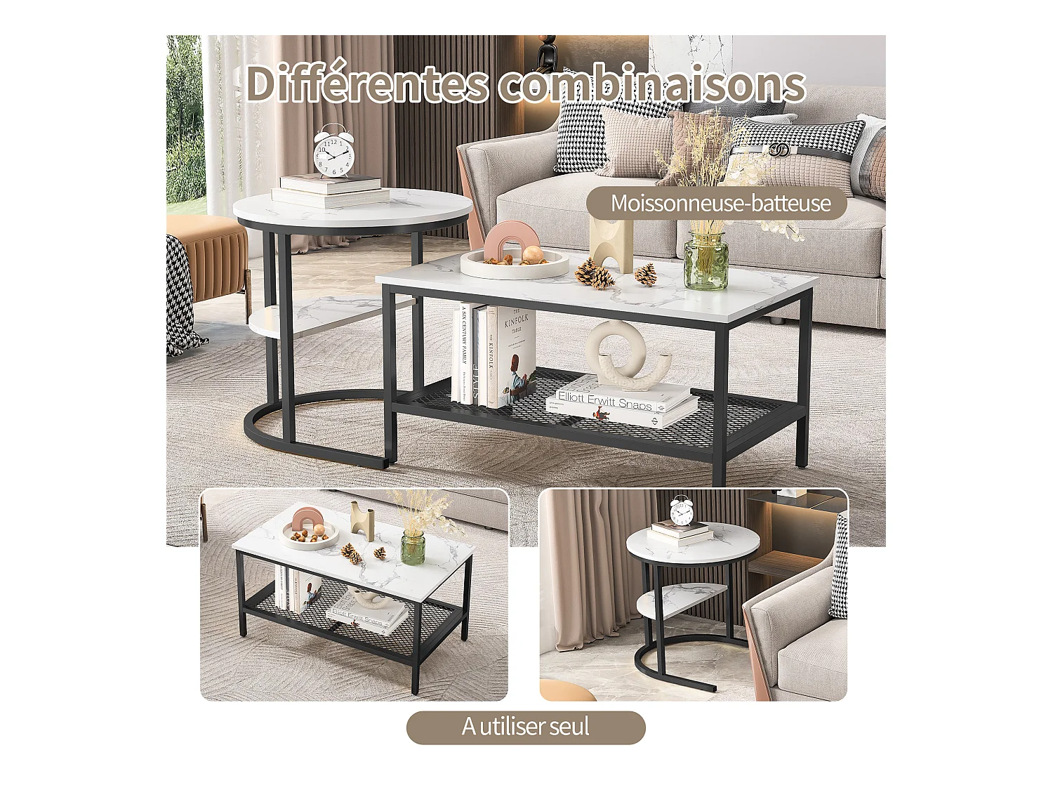 Tavolini da caffè rettangolari e rotondi impilabili in marmo bianco con struttura in metallo nero, dal design moderno ed elegante.