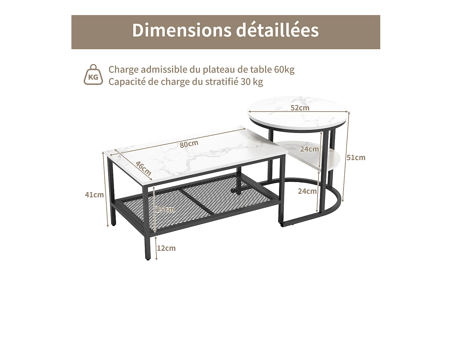 Tavolini da caffè rettangolari e rotondi impilabili in marmo bianco con struttura in metallo nero, dal design moderno ed elegante.