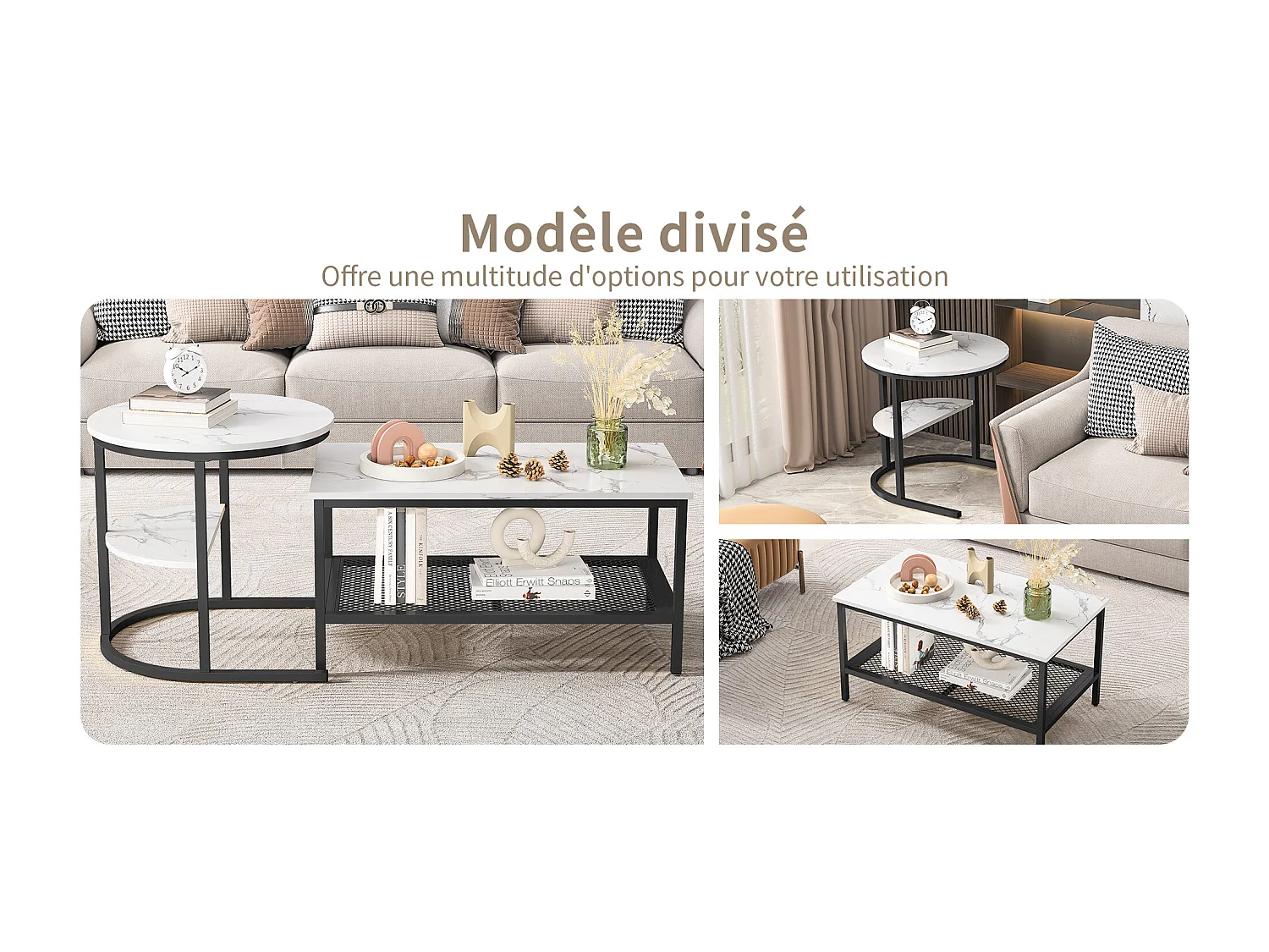 Mesas de centro encaixáveis retangulares e redondas em mármore branco com estrutura de metal preto, design moderno e elegante.