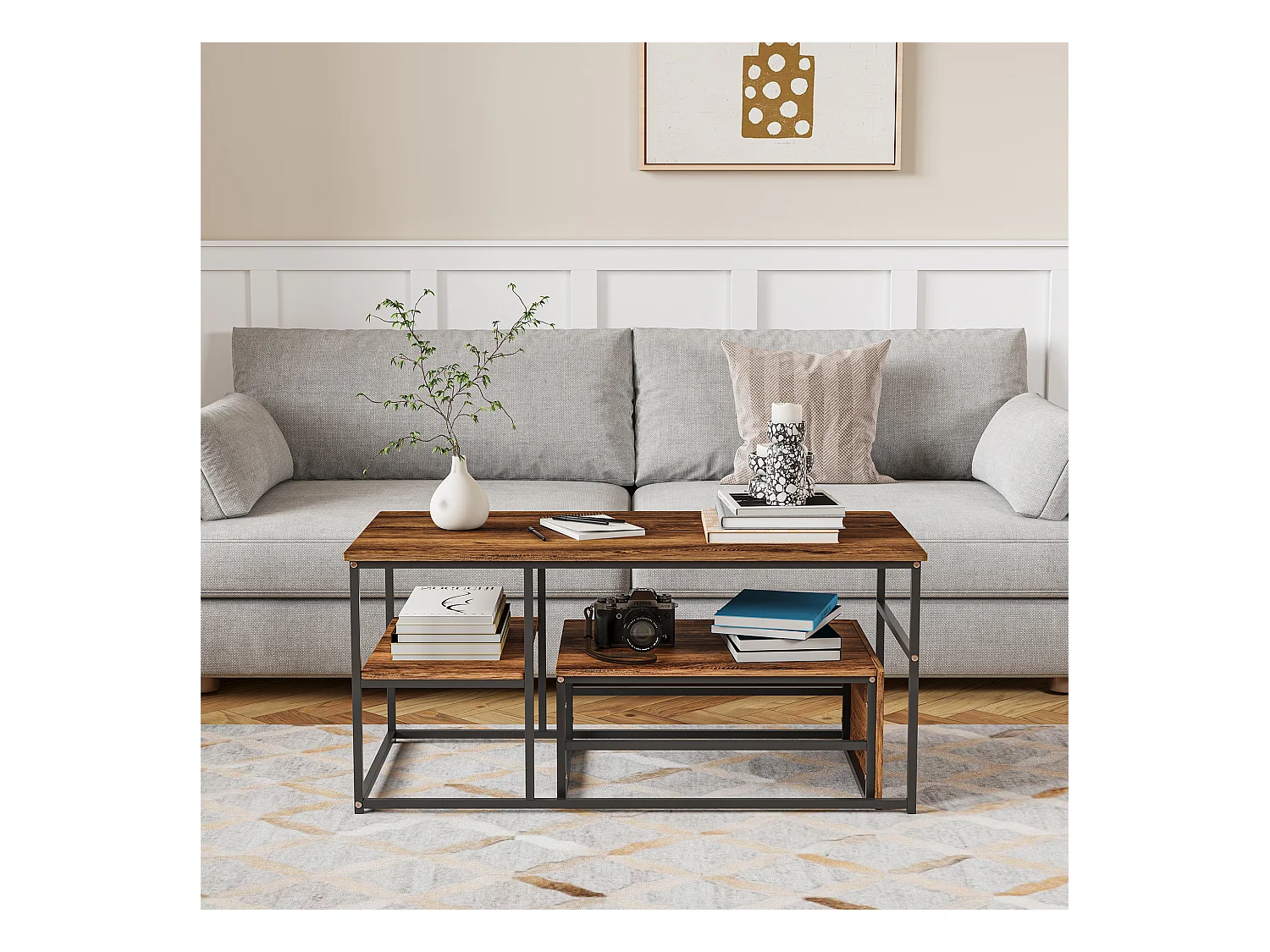 Table basse gigogne carrée en bois avec structure noire – Ensemble 2 pièces