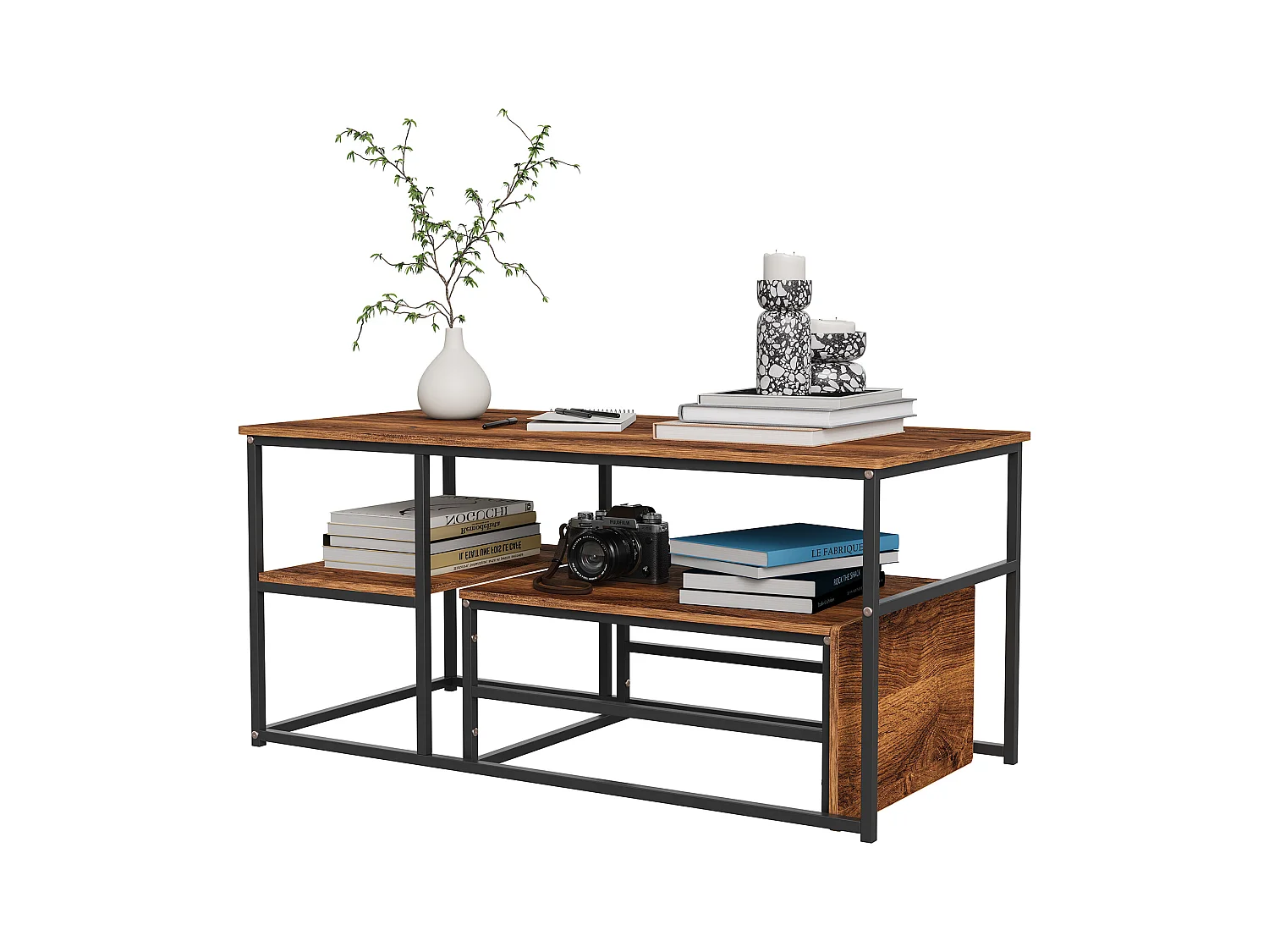 Table basse gigogne carrée en bois avec structure noire – Ensemble 2 pièces