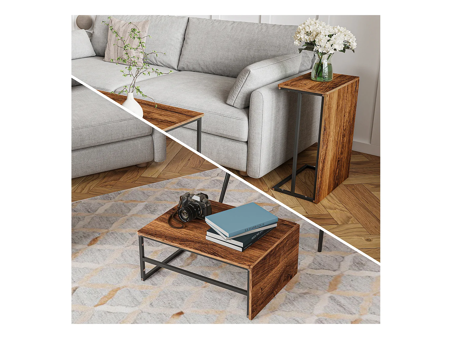 Table basse gigogne carrée en bois avec structure noire – Ensemble 2 pièces