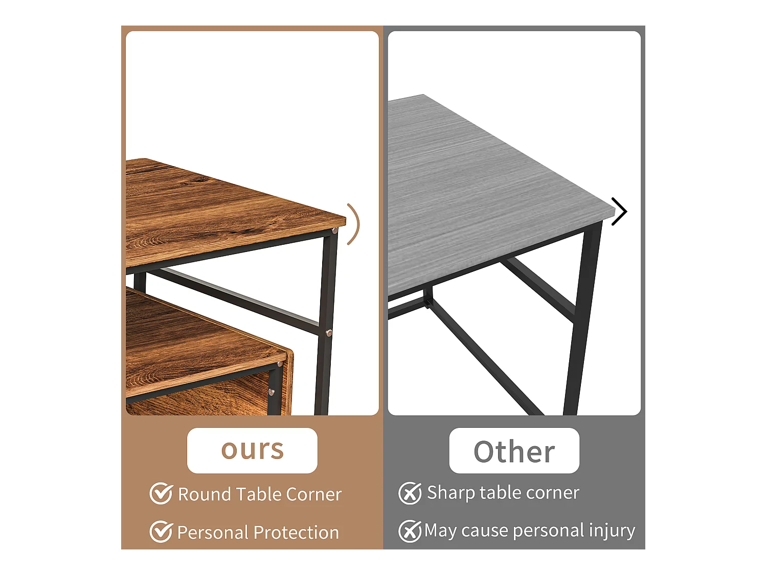 Table basse gigogne carrée en bois avec structure noire – Ensemble 2 pièces