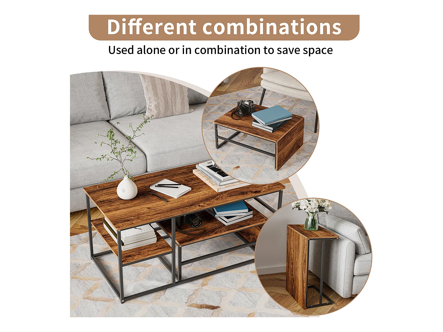 Table basse gigogne carrée en bois avec structure noire – Ensemble 2 pièces