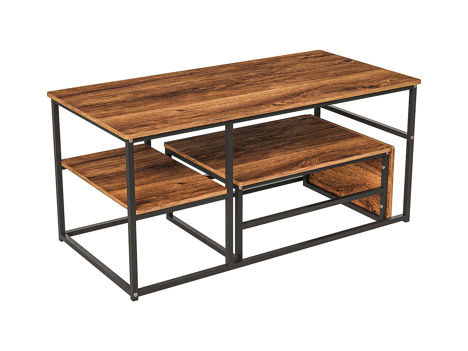 Table basse gigogne carrée en bois avec structure noire – Ensemble 2 pièces