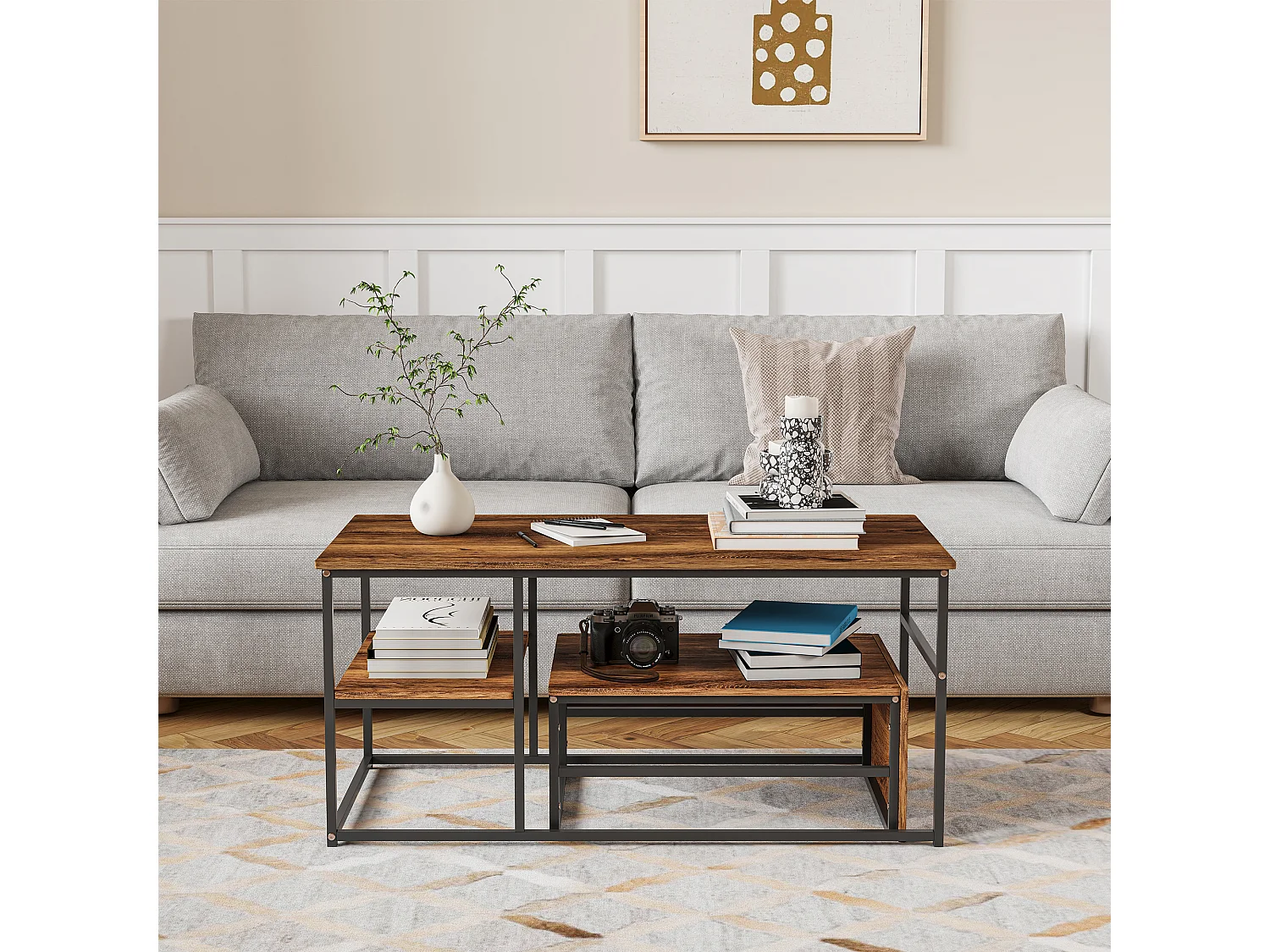 Mesa de centro cuadrada nido de madera con marco negro - Juego de 2 piezas