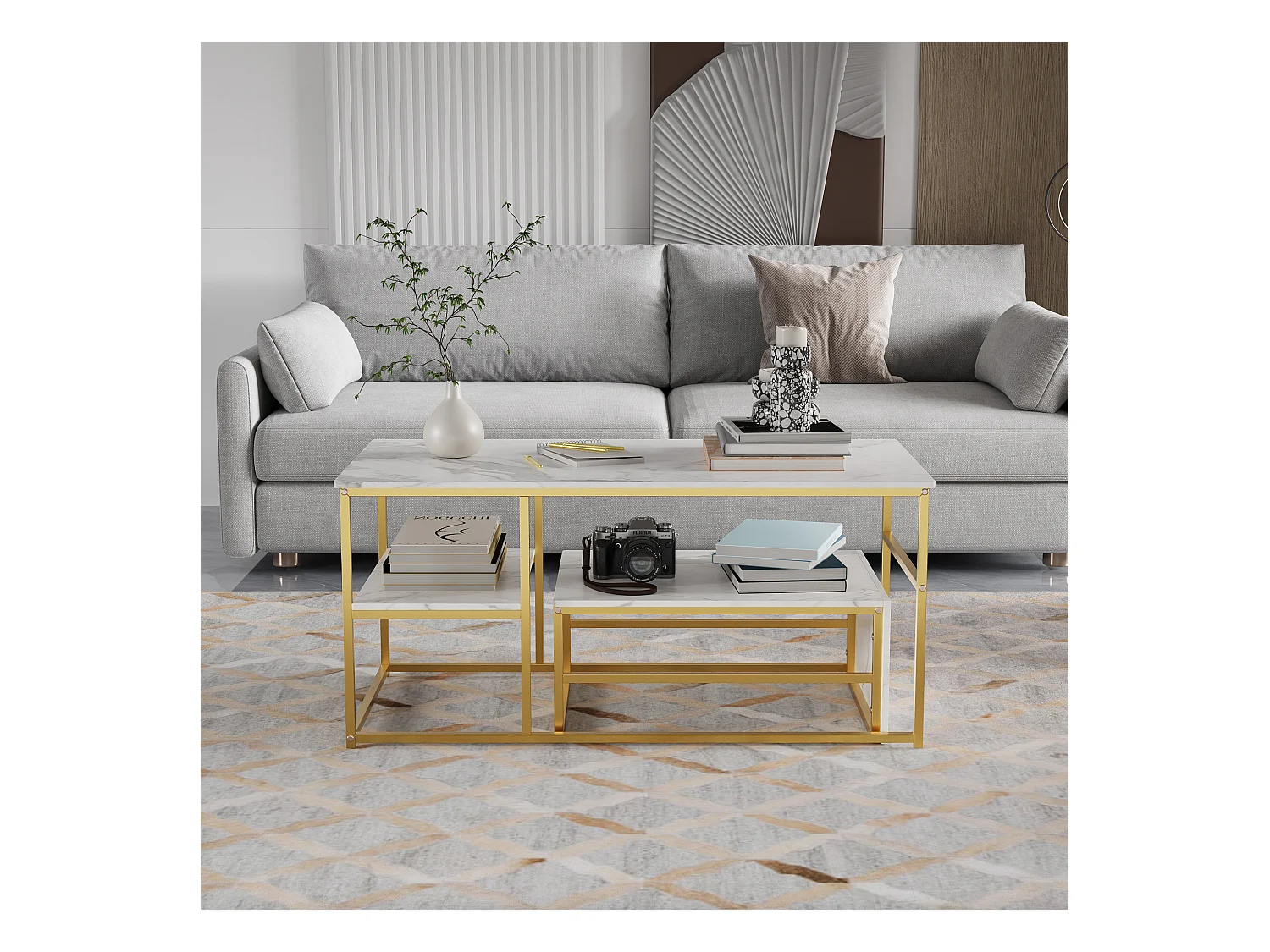 Table basse gigogne carrée en marbre blanc avec structure dorée – Ensemble moderne 2 pièces