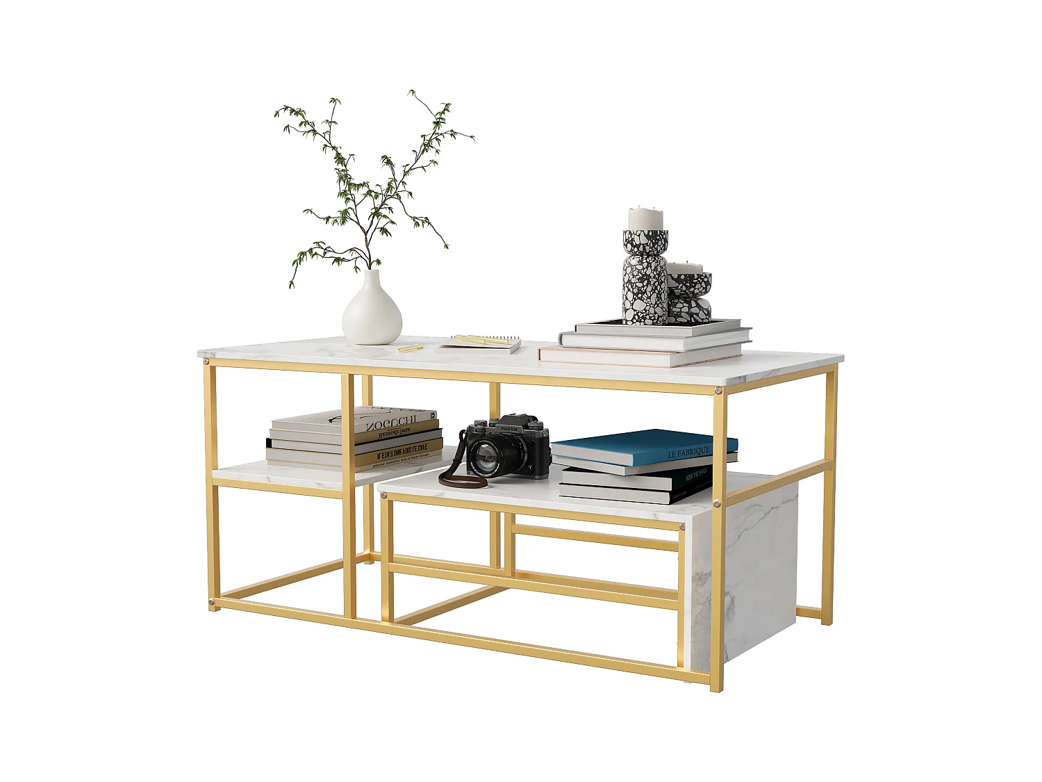 Table basse gigogne carrée en marbre blanc avec structure dorée – Ensemble moderne 2 pièces