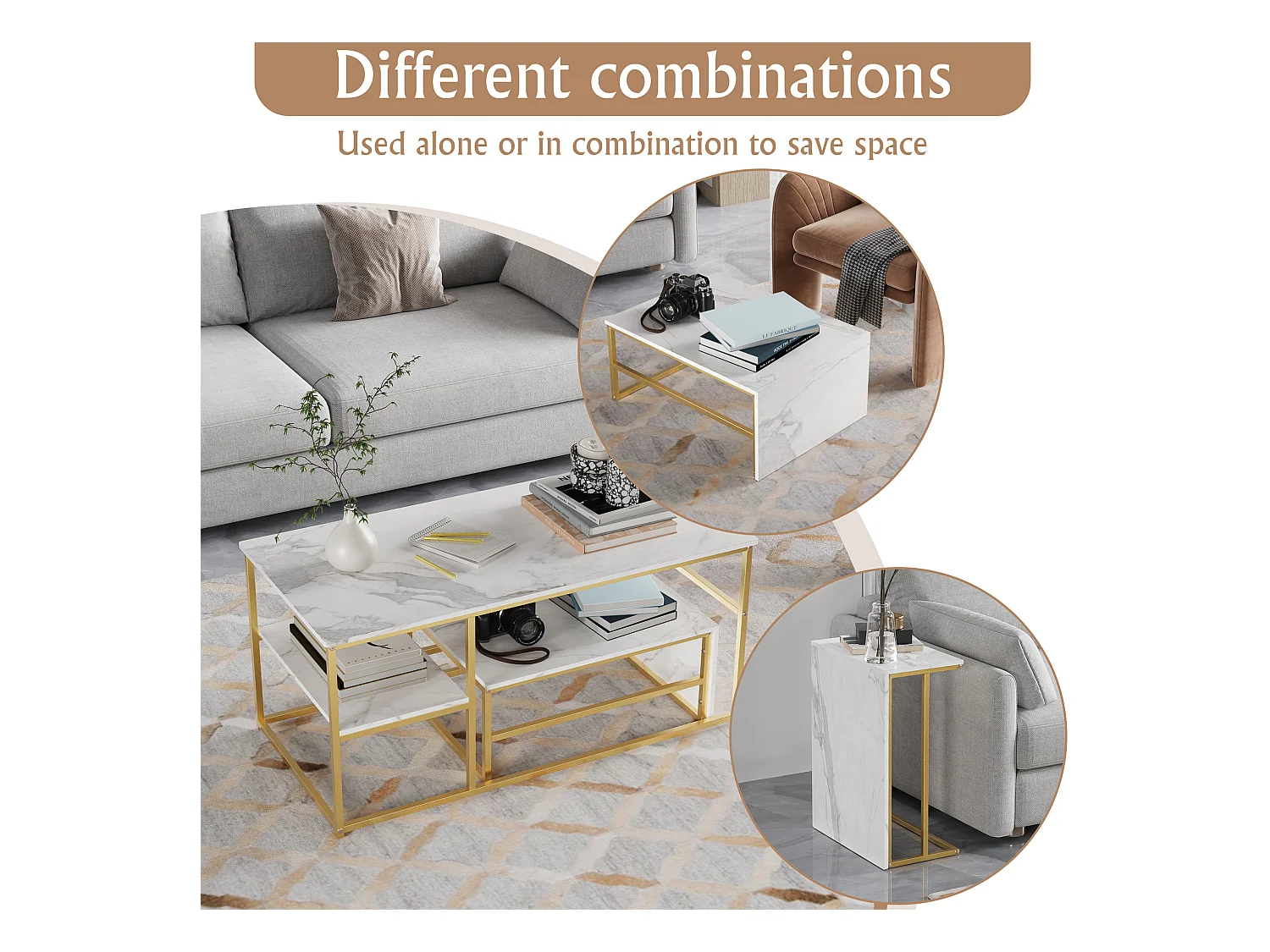 Table basse gigogne carrée en marbre blanc avec structure dorée – Ensemble moderne 2 pièces