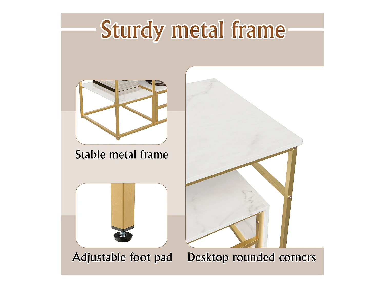 Table basse gigogne carrée en marbre blanc avec structure dorée – Ensemble moderne 2 pièces