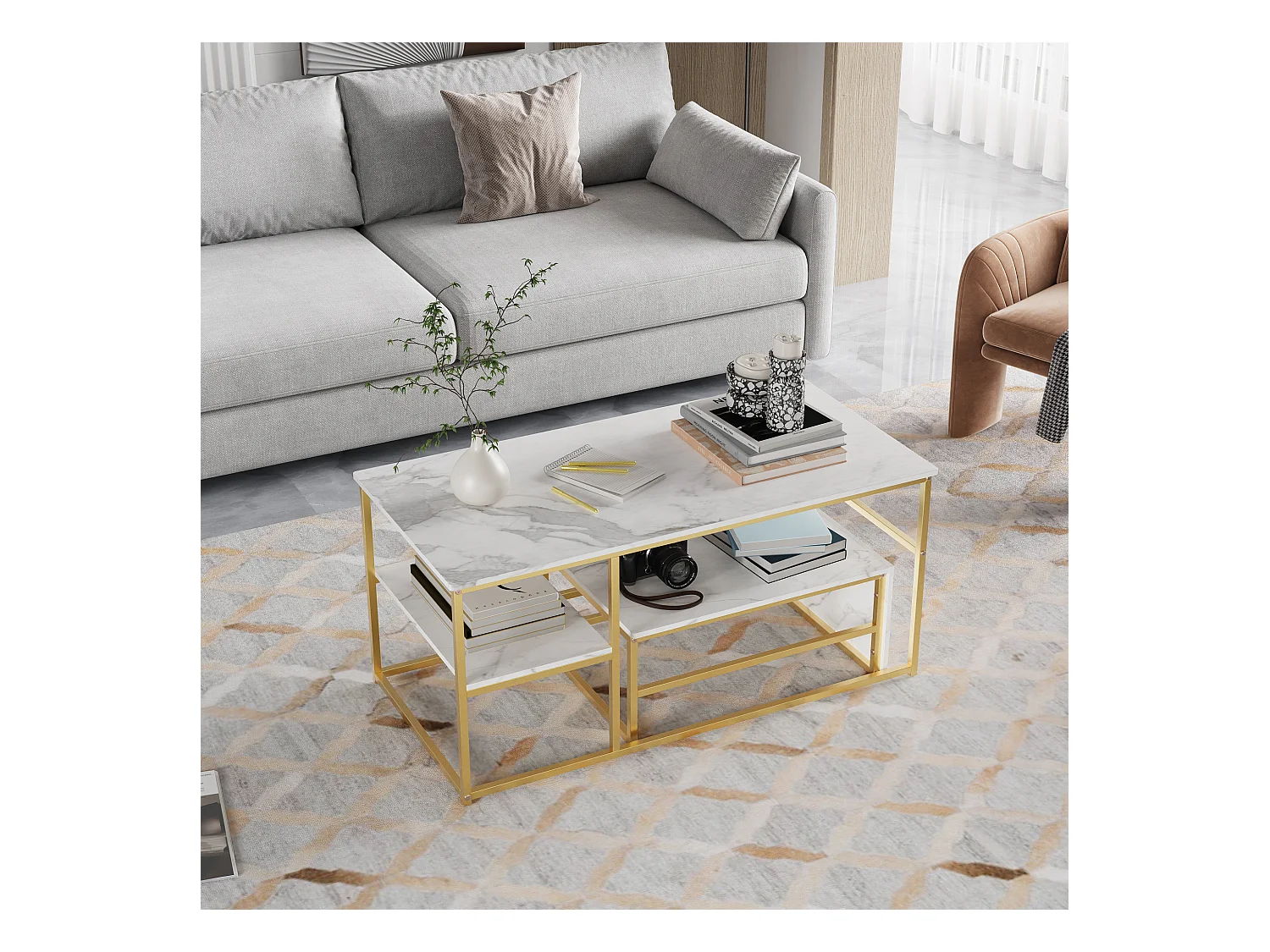 Tavolino da caffè quadrato in marmo bianco con cornice dorata - Set moderno da 2 pezzi