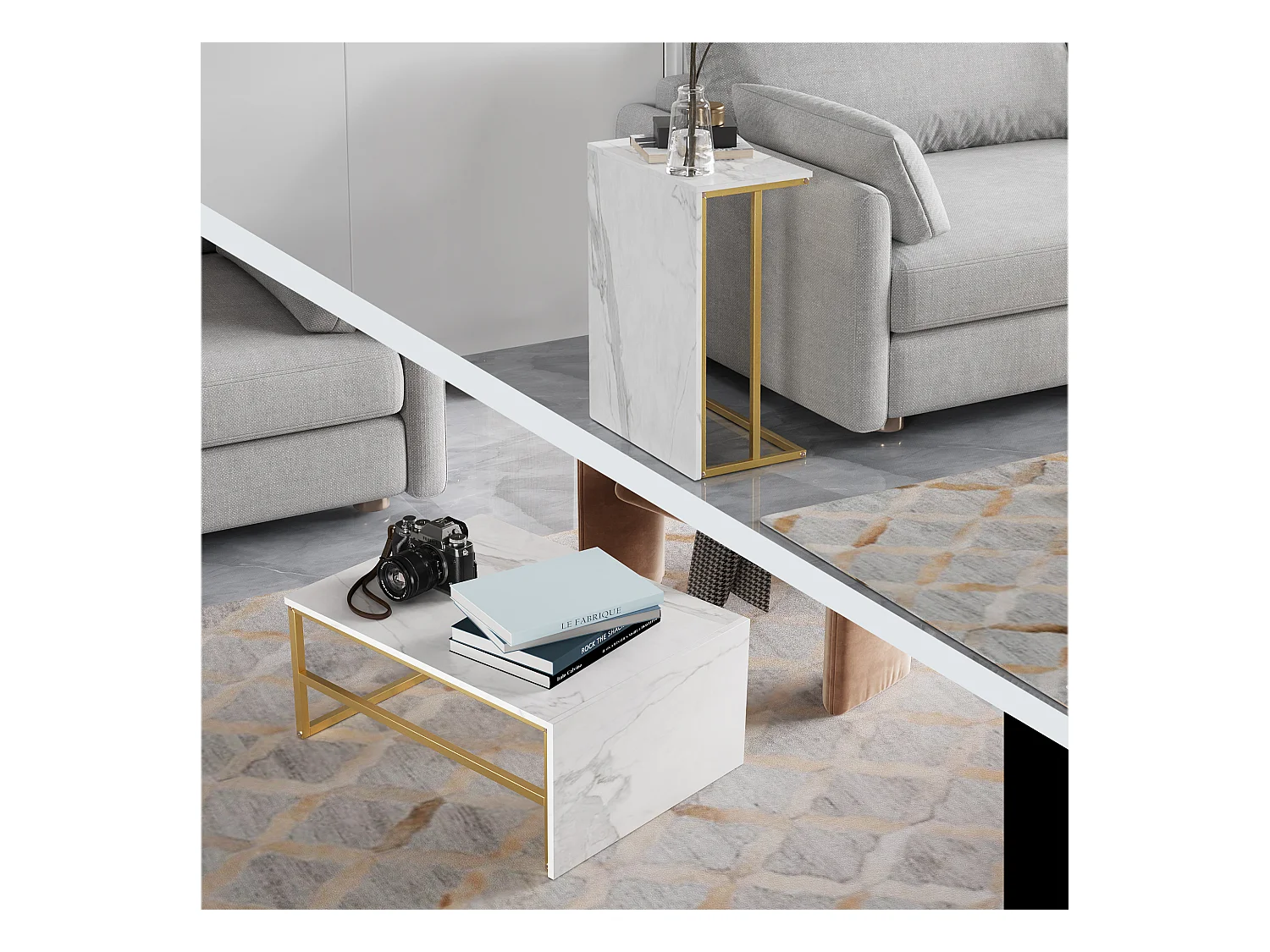 Tavolino da caffè quadrato in marmo bianco con cornice dorata - Set moderno da 2 pezzi