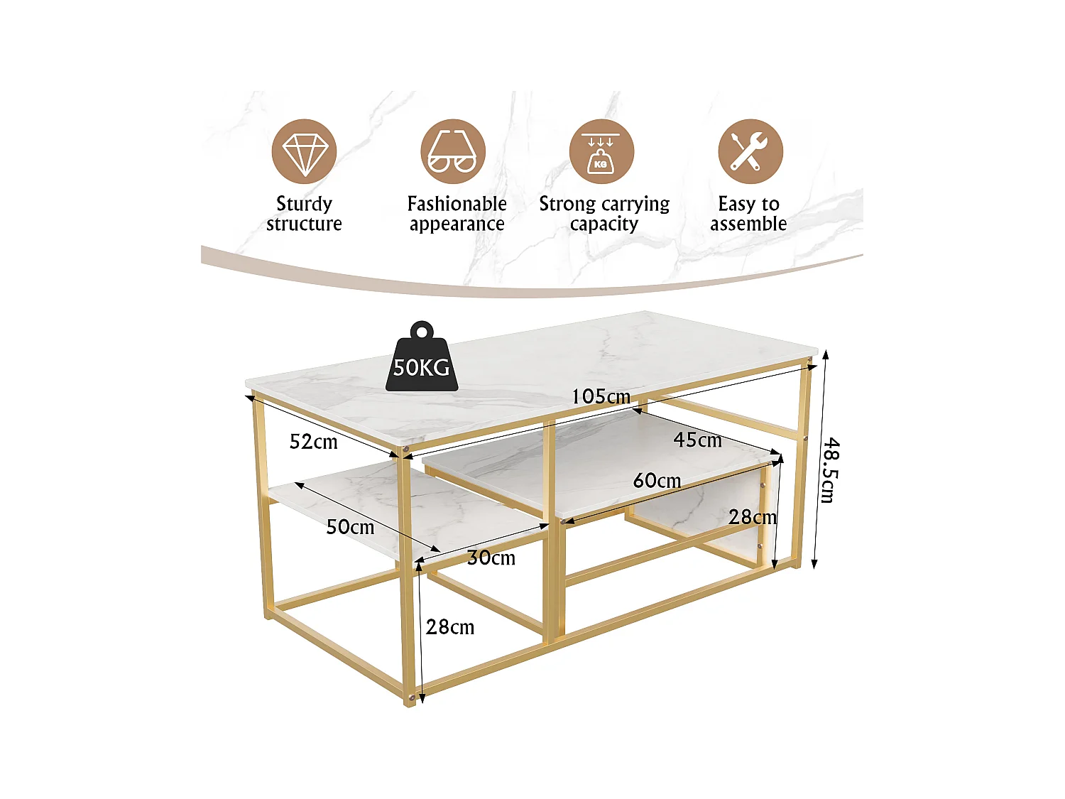 Tavolino da caffè quadrato in marmo bianco con cornice dorata - Set moderno da 2 pezzi