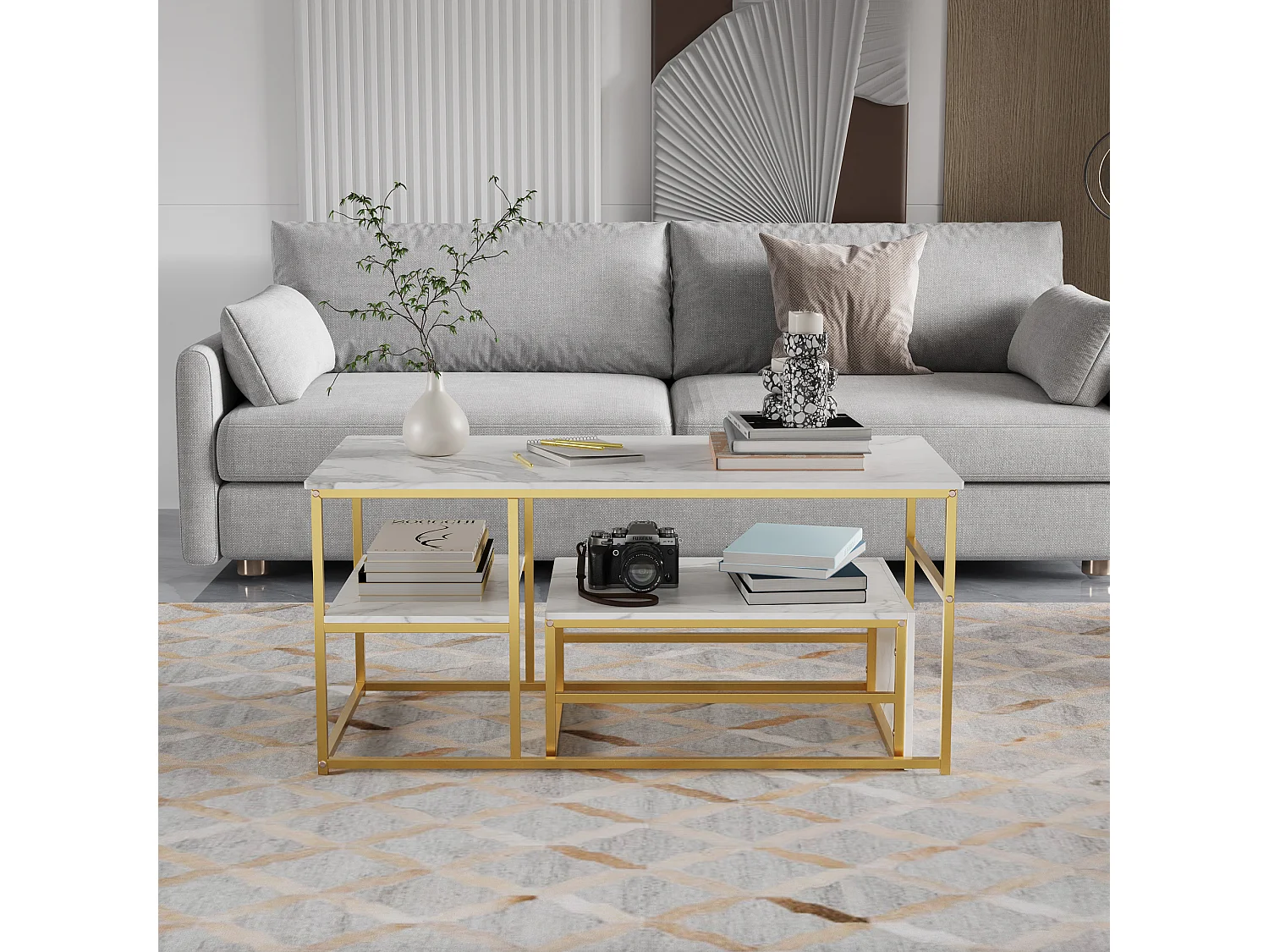 Mesa de centro nido cuadrada de mármol blanco con marco dorado - Conjunto moderno de 2 piezas