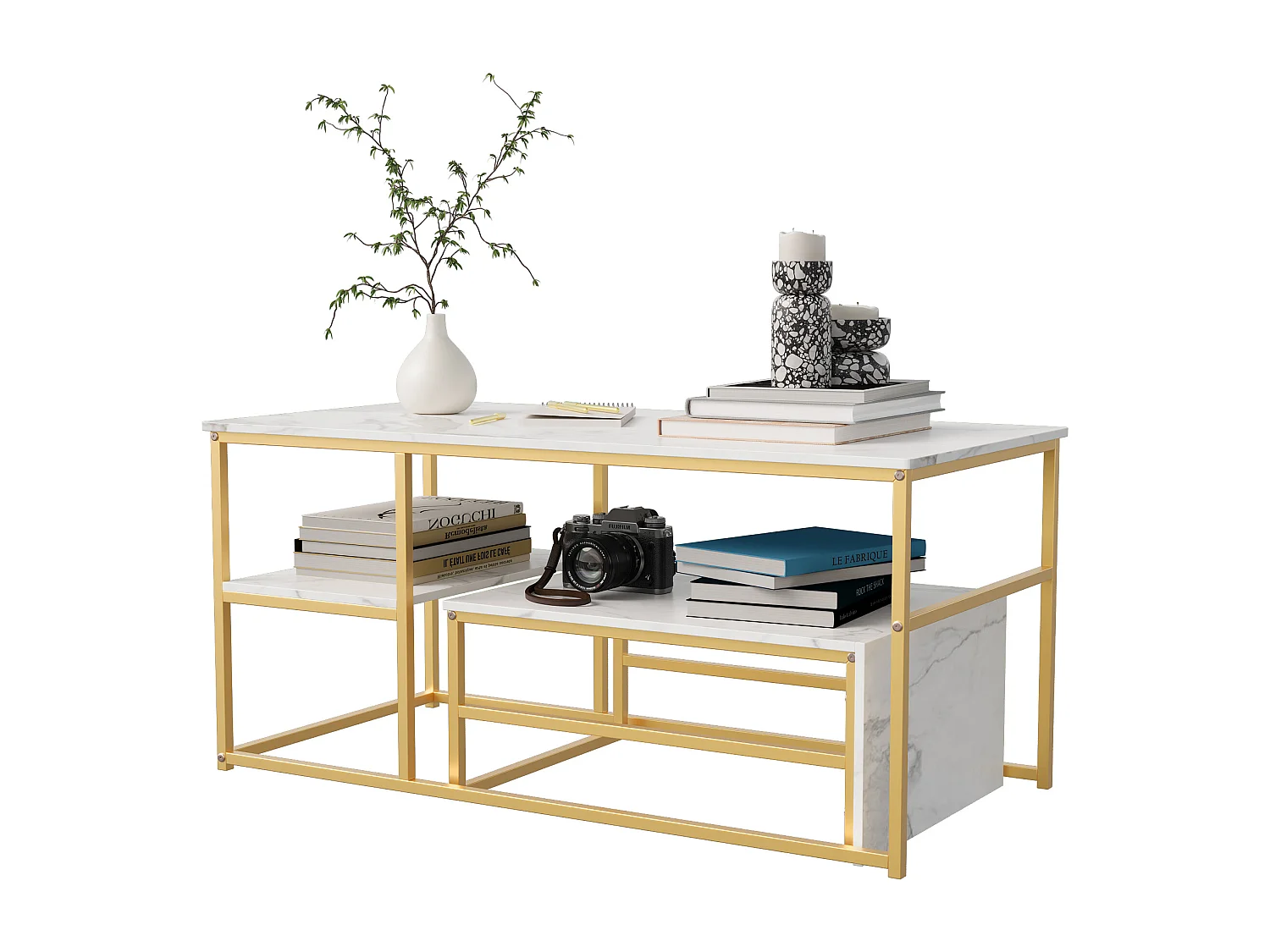 Mesa de centro nido cuadrada de mármol blanco con marco dorado - Conjunto moderno de 2 piezas