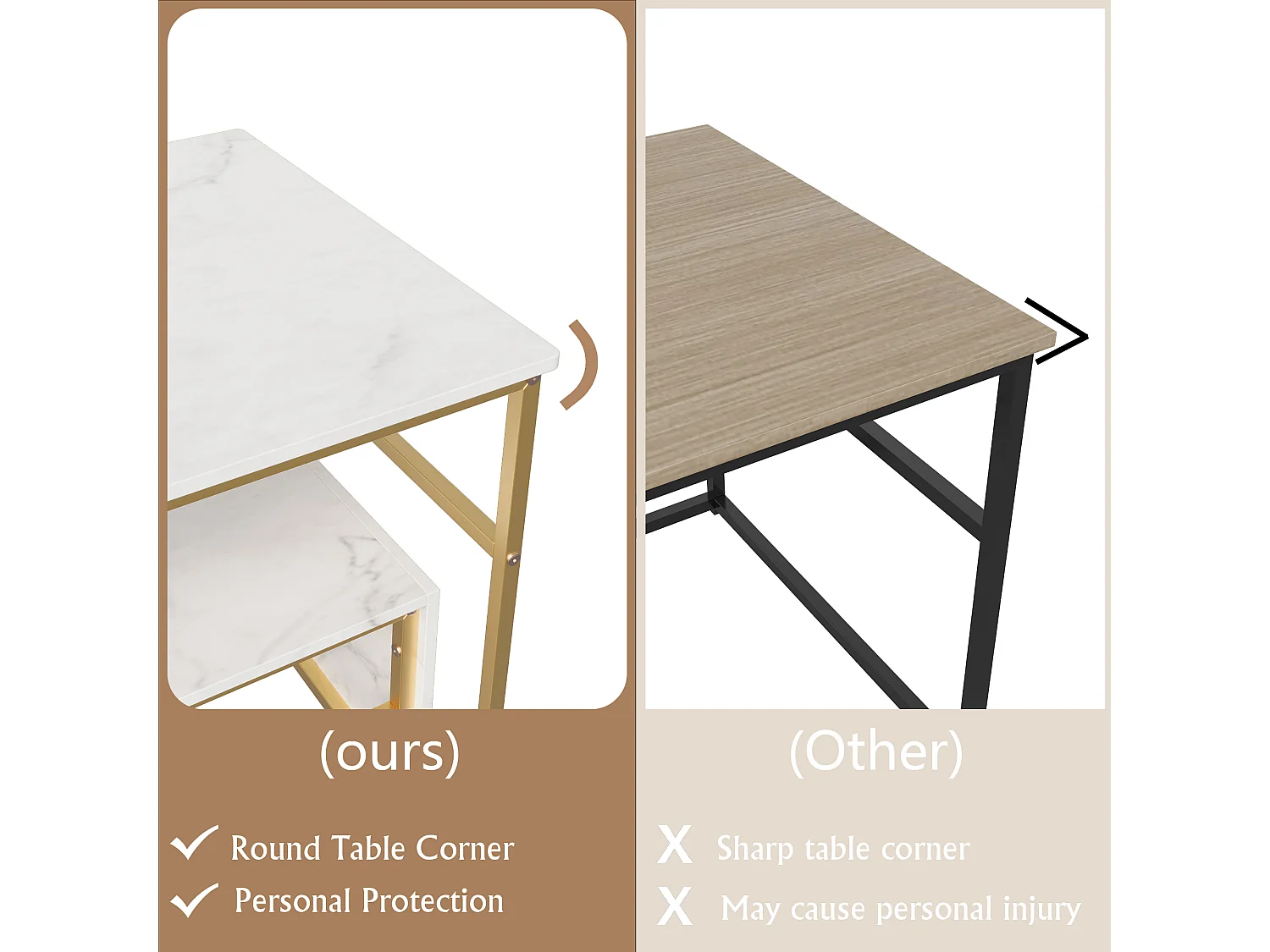 Mesa de centro nido cuadrada de mármol blanco con marco dorado - Conjunto moderno de 2 piezas