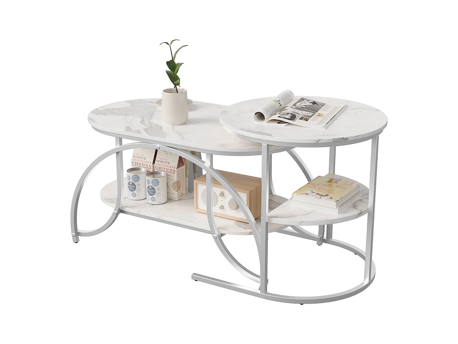 Table basse carrée en marbre blanc avec structure en métal argenté - design moderne, stable et polyvalent