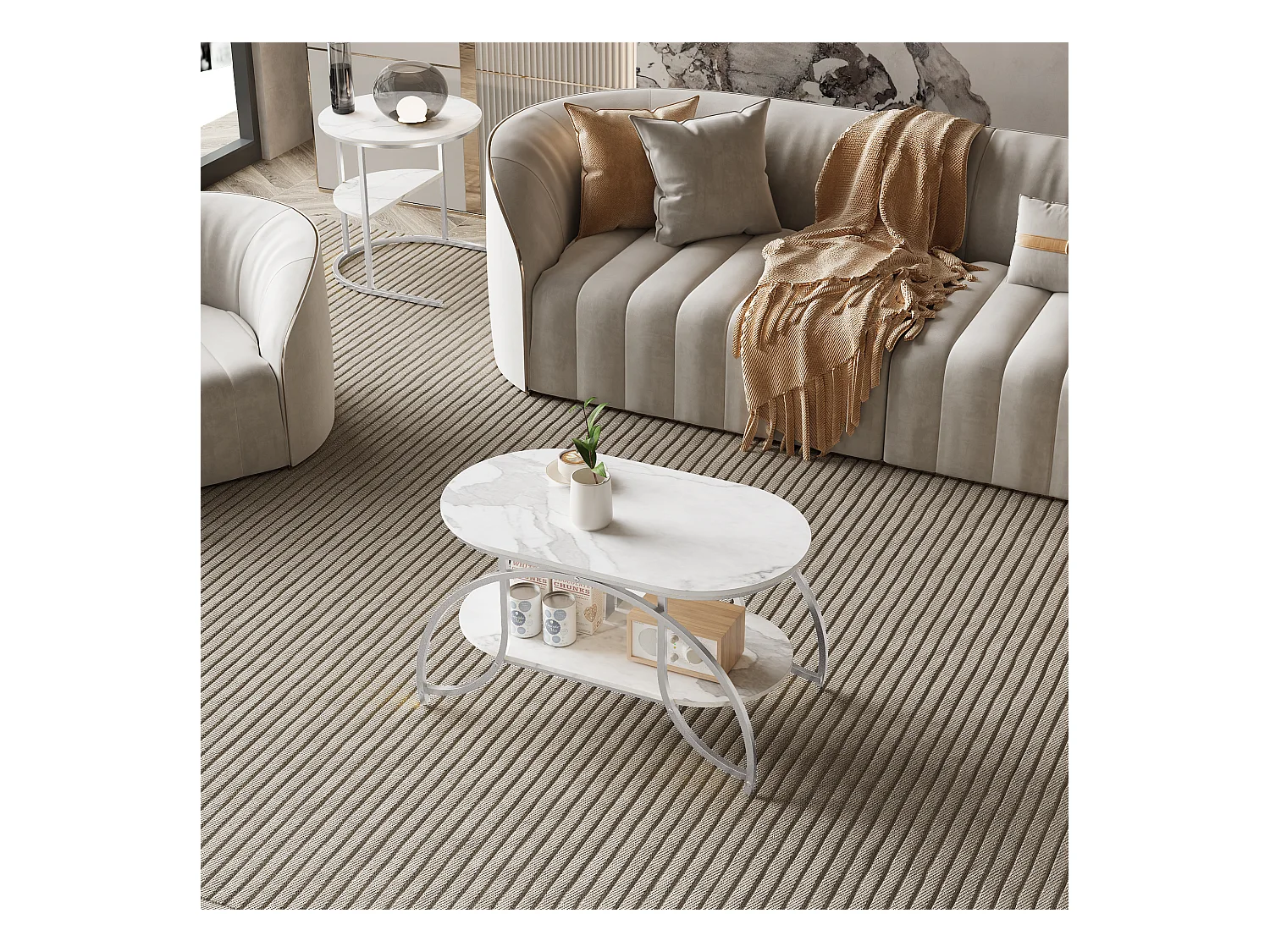 Table basse carrée en marbre blanc avec structure en métal argenté - design moderne, stable et polyvalent