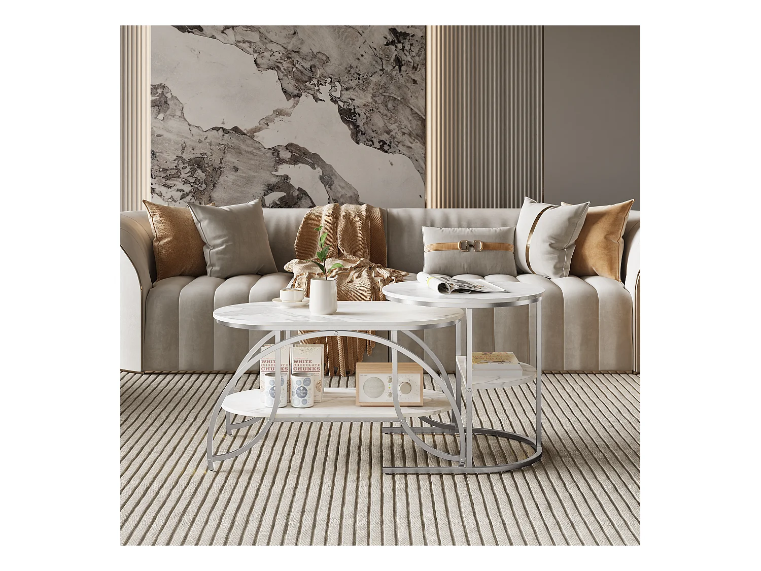 Table basse carrée en marbre blanc avec structure en métal argenté - design moderne, stable et polyvalent