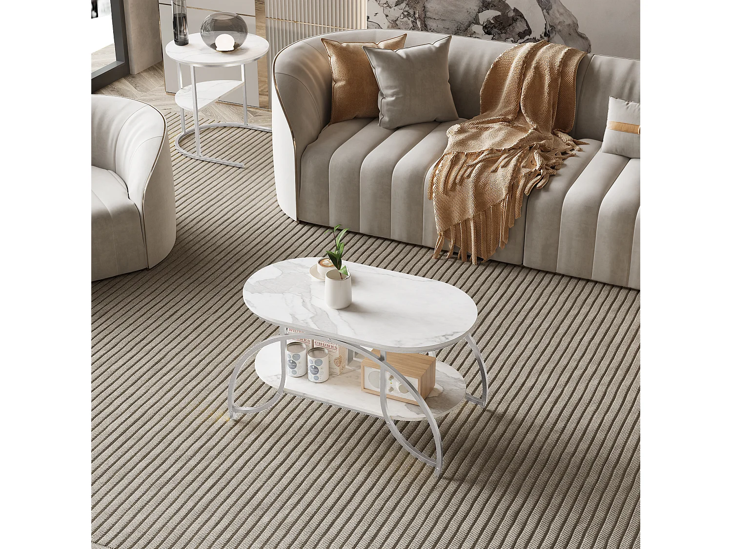 Tavolino quadrato in marmo bianco con struttura in metallo argentato: design moderno, stabile e versatile