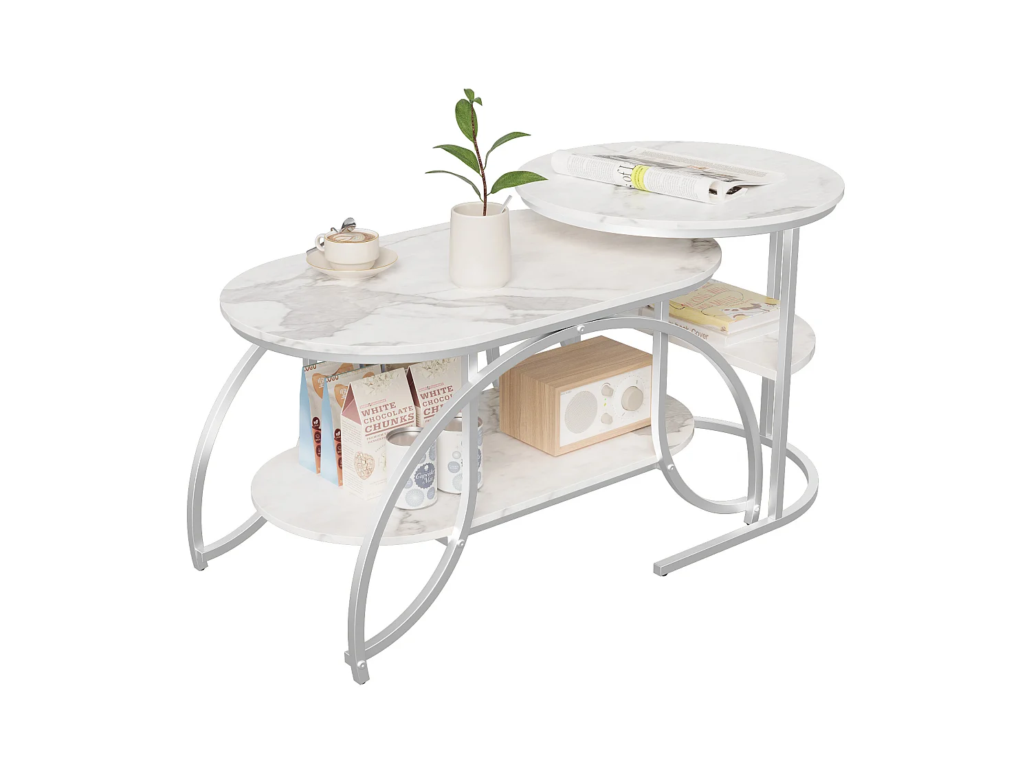 Tavolino quadrato in marmo bianco con struttura in metallo argentato: design moderno, stabile e versatile