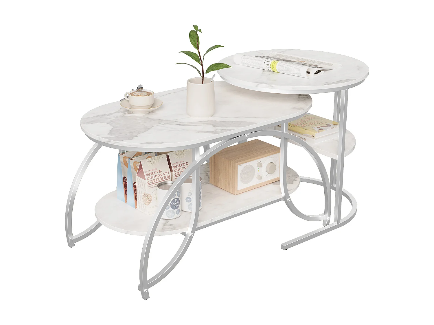 Mesa de centro cuadrada de mármol blanco con estructura de metal plateado: diseño moderno, estable y versátil.