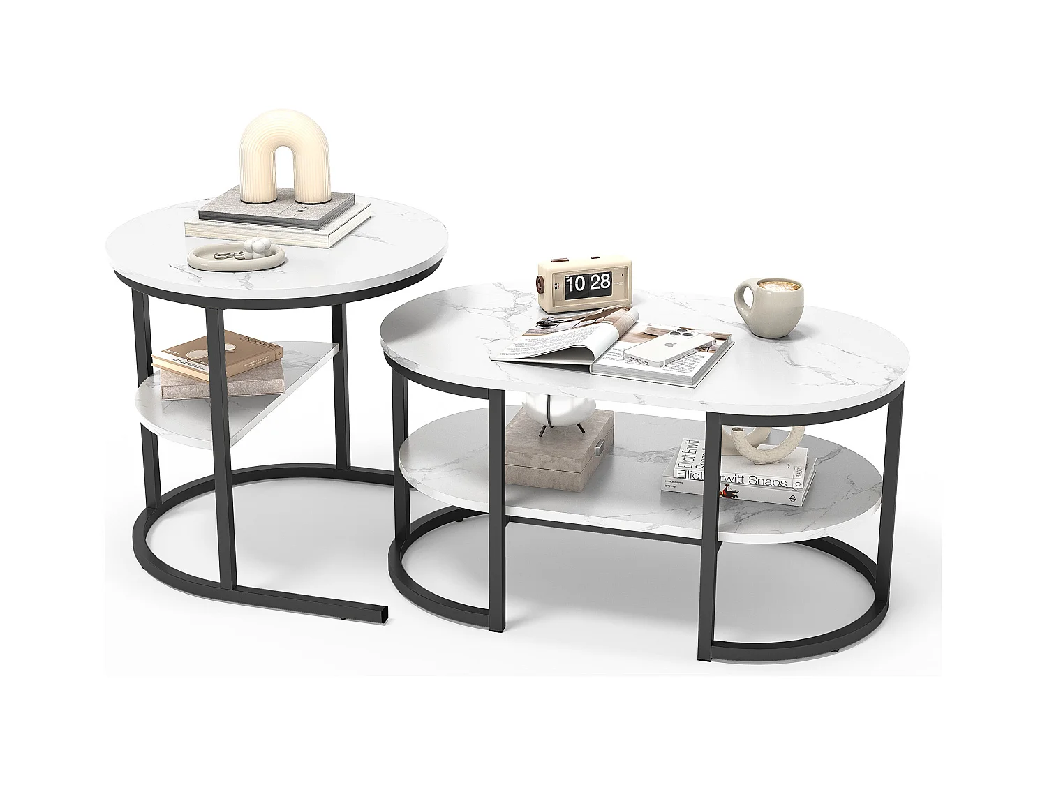 Tavolini da caffè ovali e rotondi impilabili in effetto marmo bianco con struttura nera, che creano un design moderno ed elegante