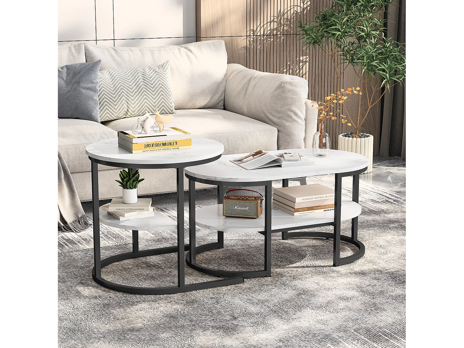 Tables basses gigognes ovales et rondes effet marbre blanc avec structure noire，créant un design moderne et élégant