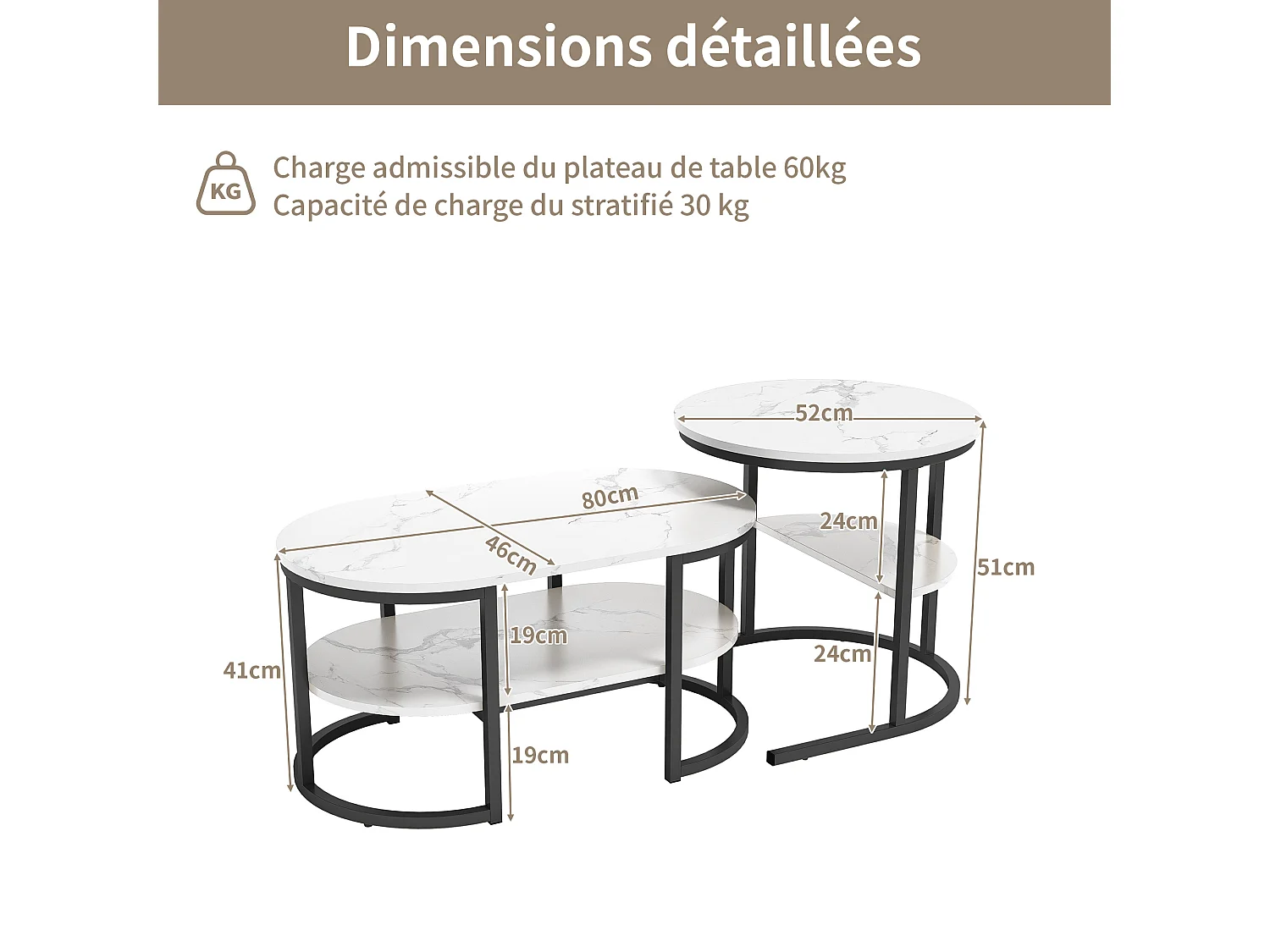 Tables basses gigognes ovales et rondes effet marbre blanc avec structure noire，créant un design moderne et élégant