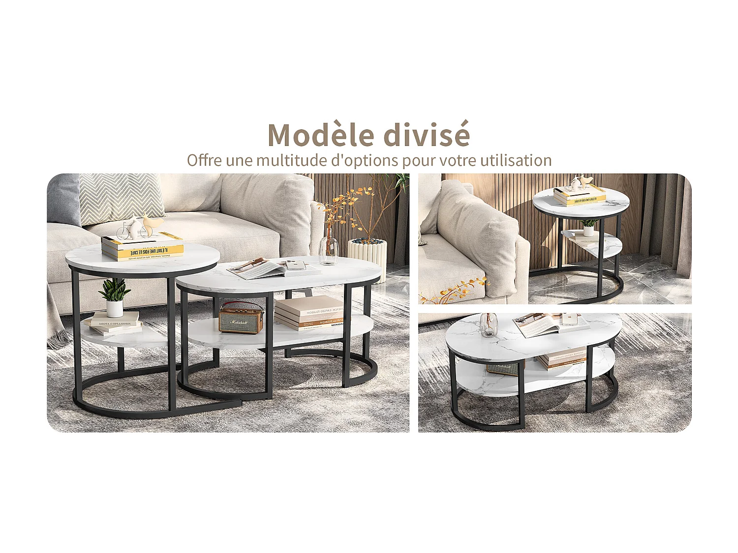 Tables basses gigognes ovales et rondes effet marbre blanc avec structure noire，créant un design moderne et élégant