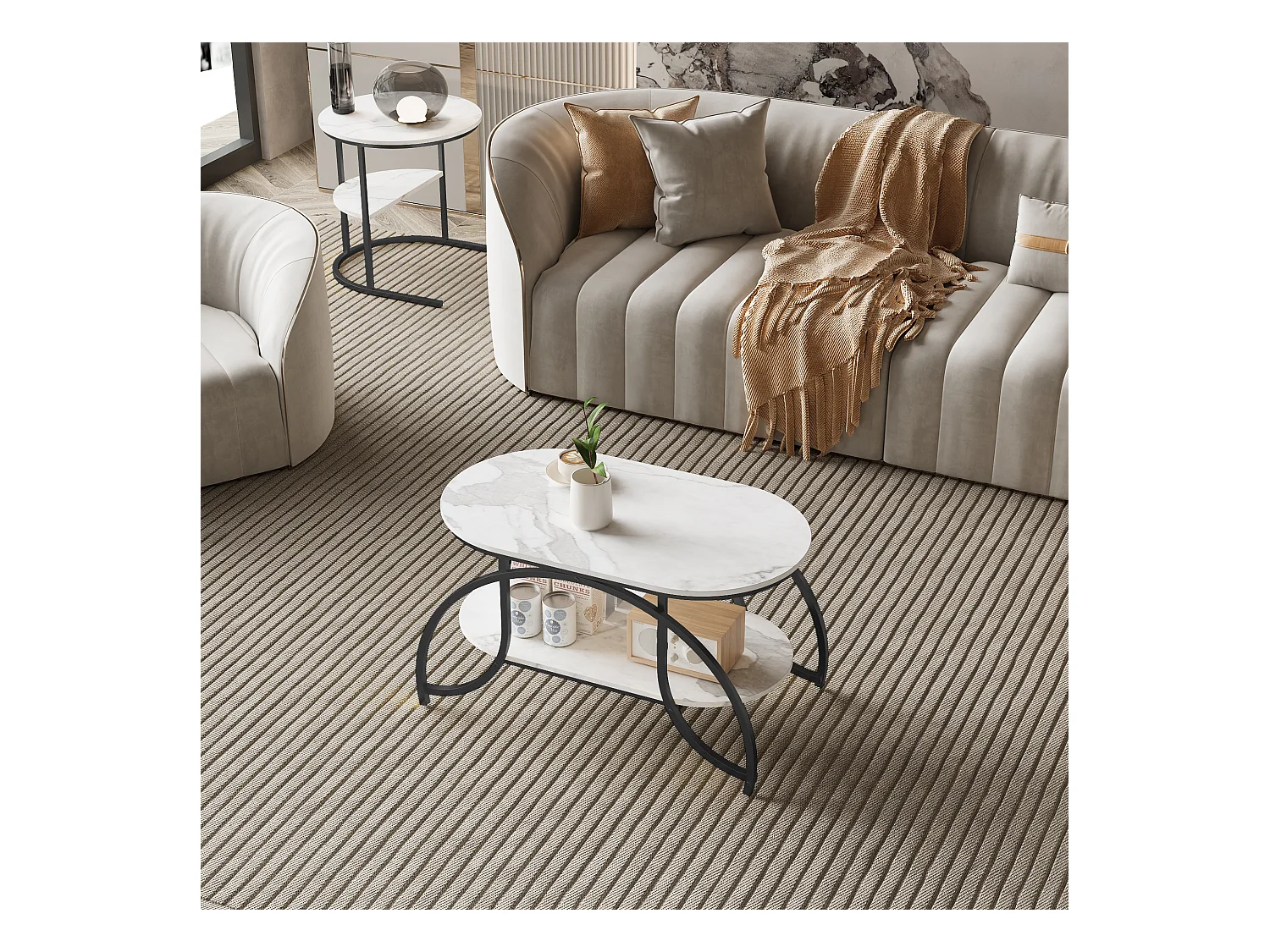 Table basse carrée en marbre blanc avec structure en métal noir - design moderne, stable et polyvalent