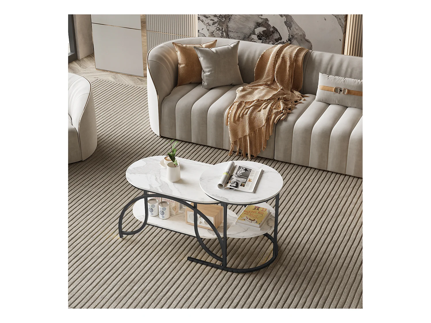 Table basse carrée en marbre blanc avec structure en métal noir - design moderne, stable et polyvalent