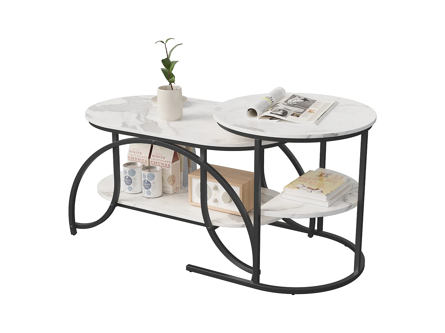 Tavolino quadrato in marmo bianco con struttura in metallo nero - design moderno, stabile e versatile