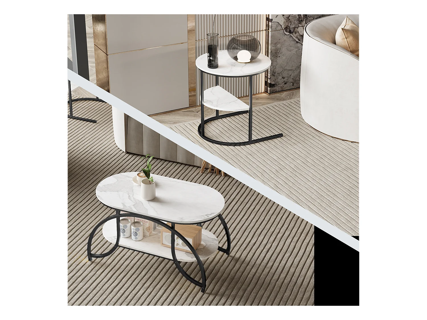 Tavolino quadrato in marmo bianco con struttura in metallo nero - design moderno, stabile e versatile