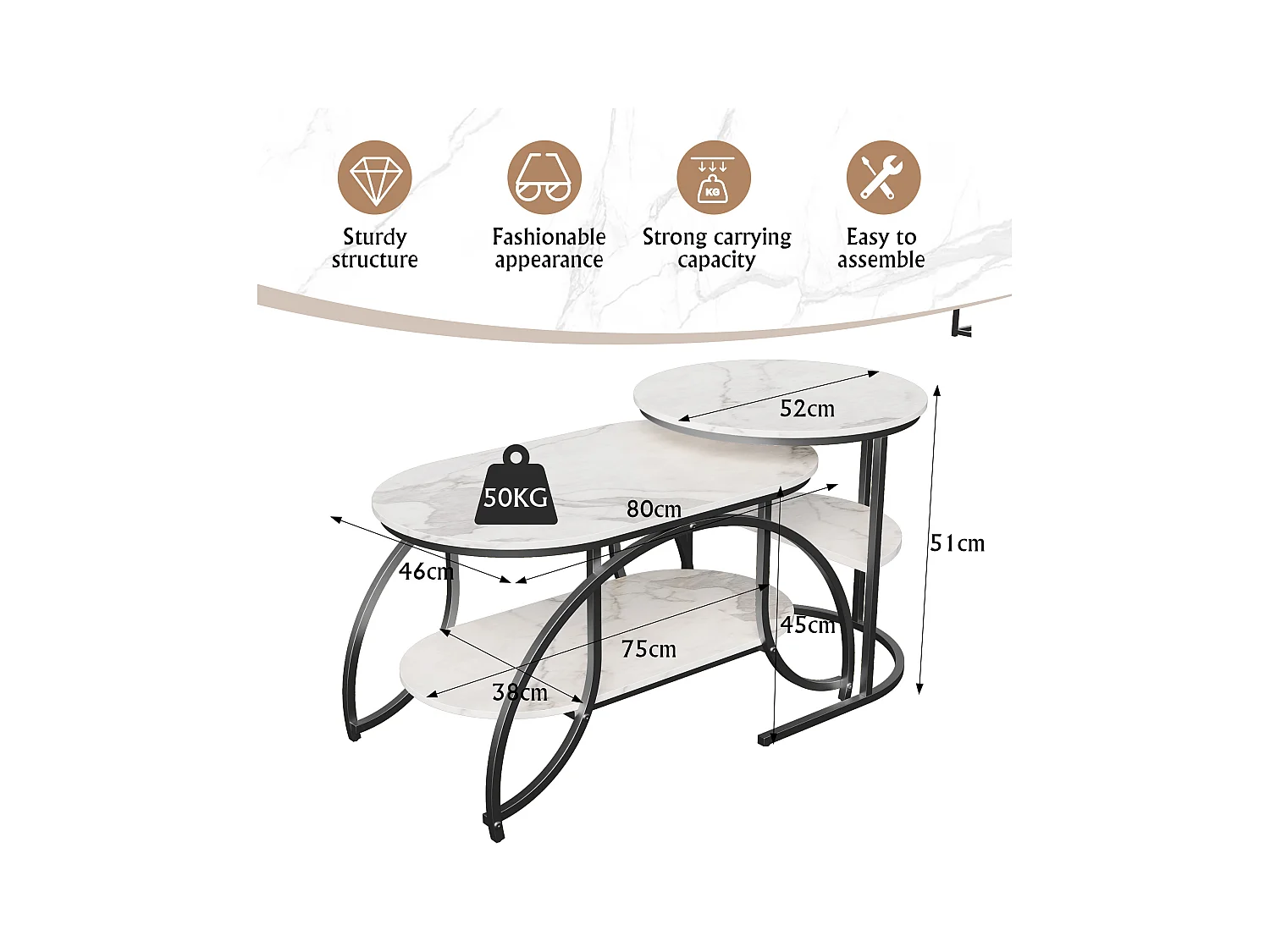 Tavolino quadrato in marmo bianco con struttura in metallo nero - design moderno, stabile e versatile