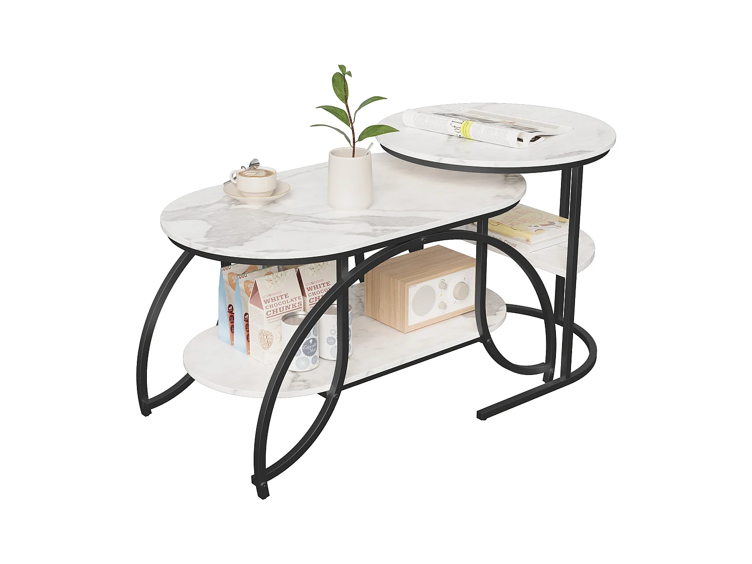 Tavolino quadrato in marmo bianco con struttura in metallo nero - design moderno, stabile e versatile