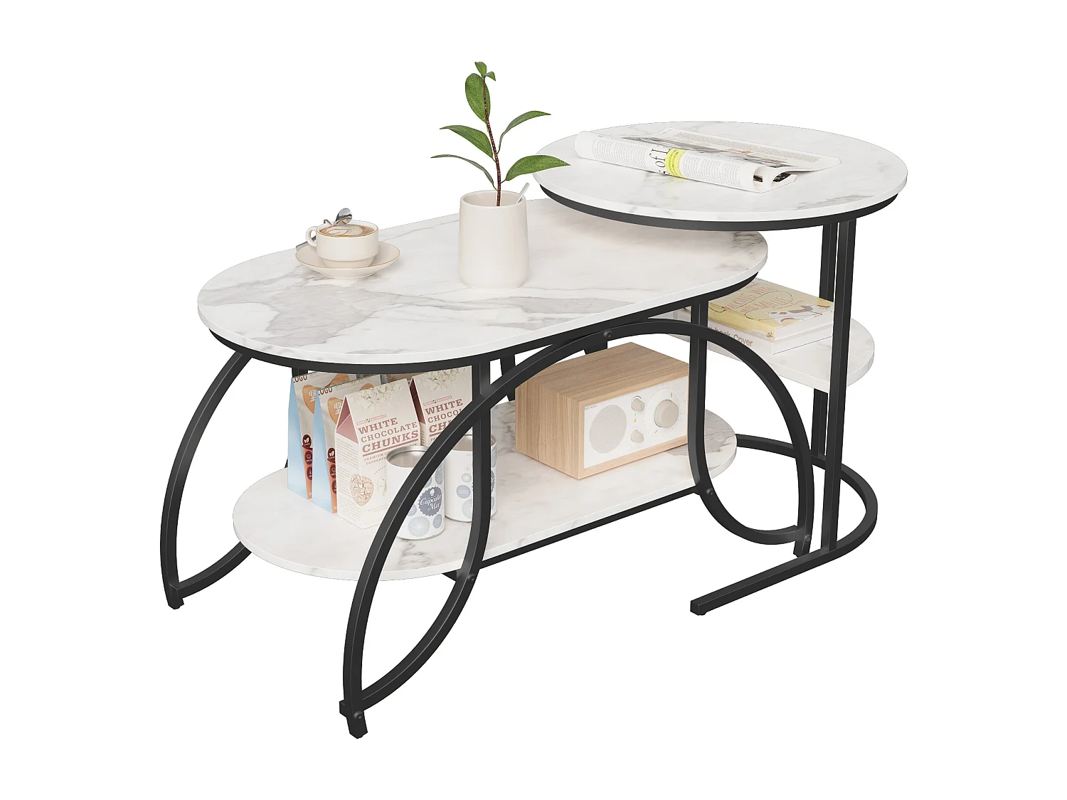 Mesa de centro cuadrada de mármol blanco con estructura de metal negro: diseño moderno, estable y versátil.