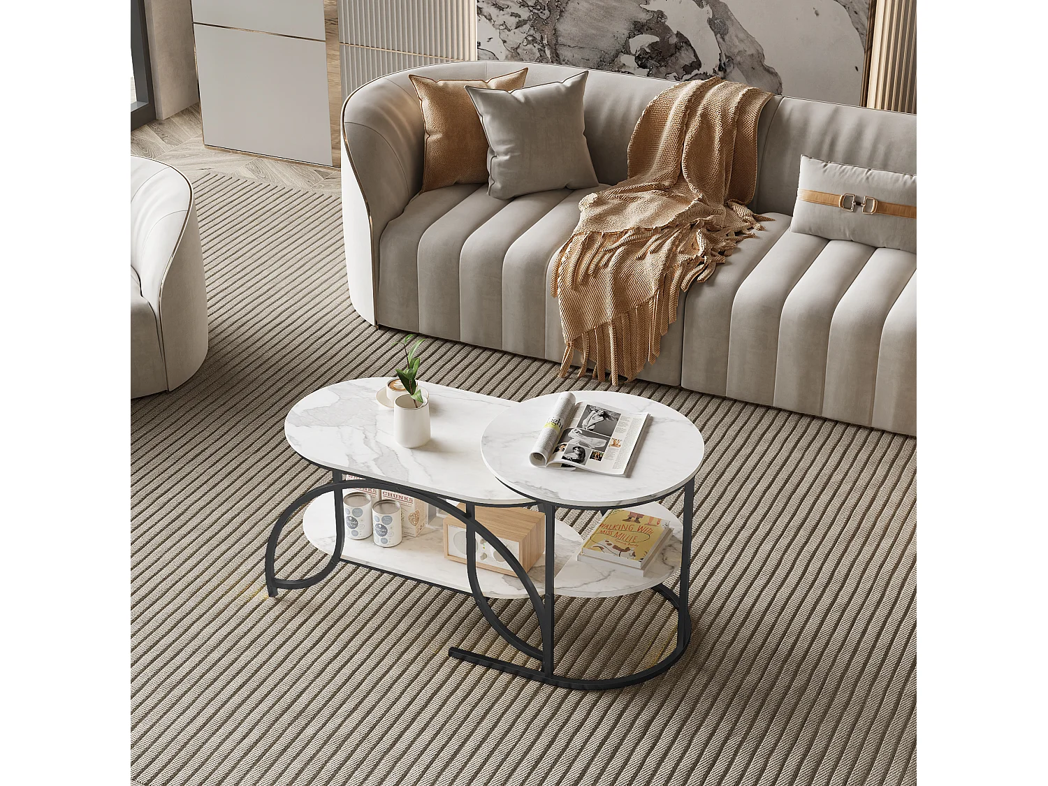 Mesa de centro cuadrada de mármol blanco con estructura de metal negro: diseño moderno, estable y versátil.