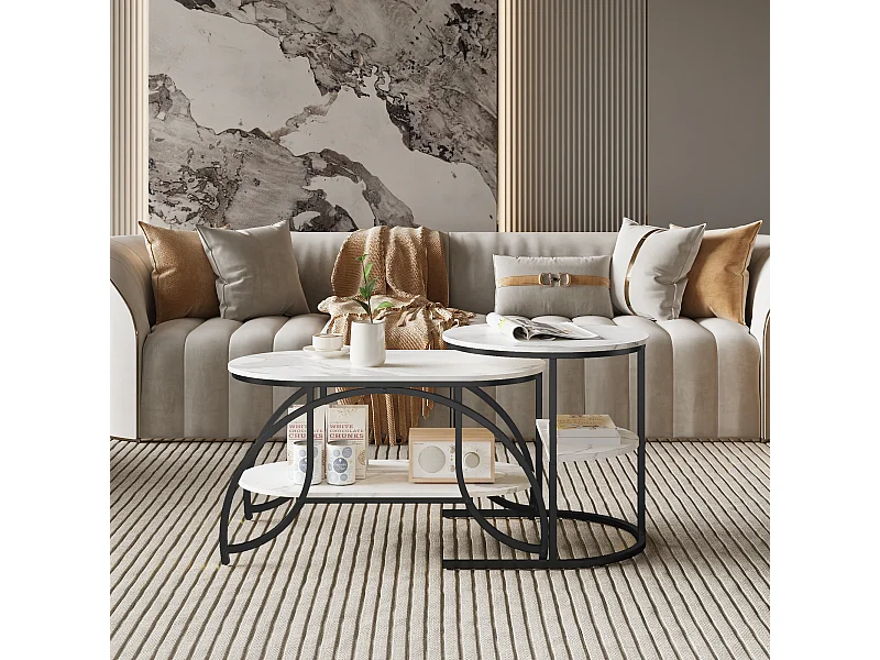 Table basse carrée en marbre blanc avec structure en métal noir - design moderne, stable et polyvalent