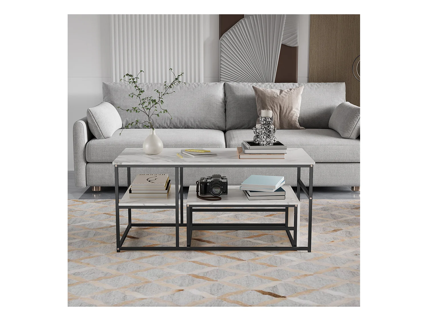 Tables basses gigognes carrées en marbre blanc avec cadres noirs - Ensemble moderne deux pièces