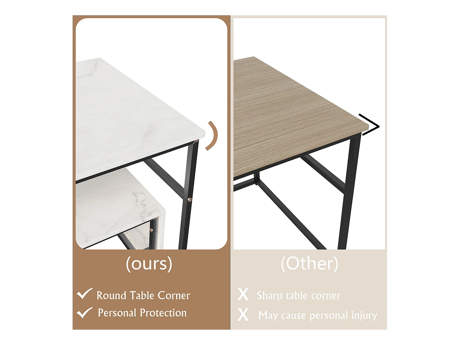 Tables basses gigognes carrées en marbre blanc avec cadres noirs - Ensemble moderne deux pièces