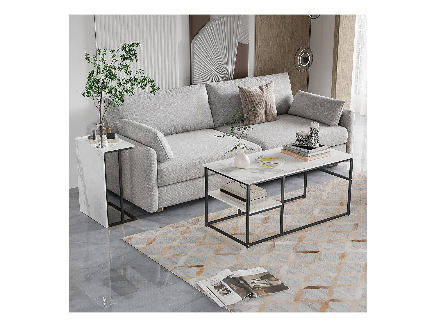 Tables basses gigognes carrées en marbre blanc avec cadres noirs - Ensemble moderne deux pièces