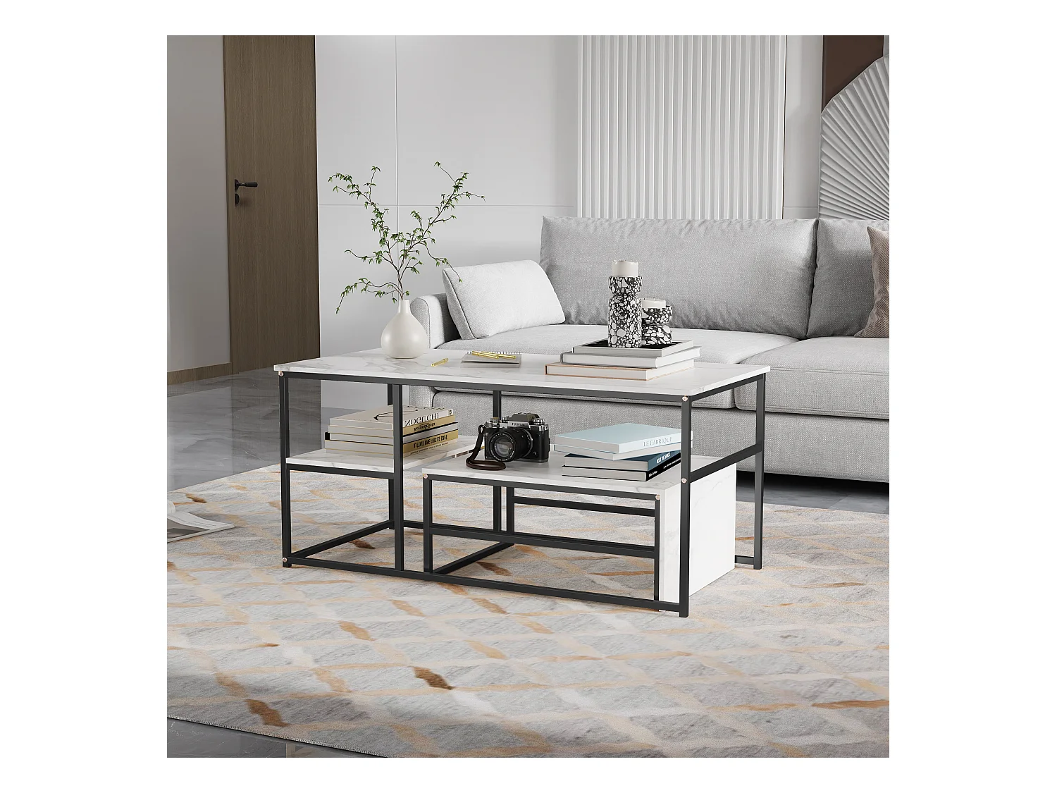 Tables basses gigognes carrées en marbre blanc avec cadres noirs - Ensemble moderne deux pièces