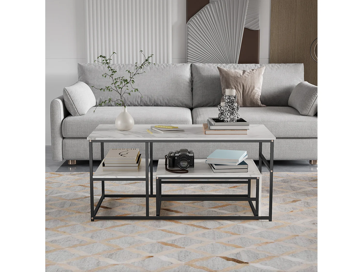 Mesas de centro nido cuadradas de mármol blanco con marco negro - Conjunto moderno de dos piezas