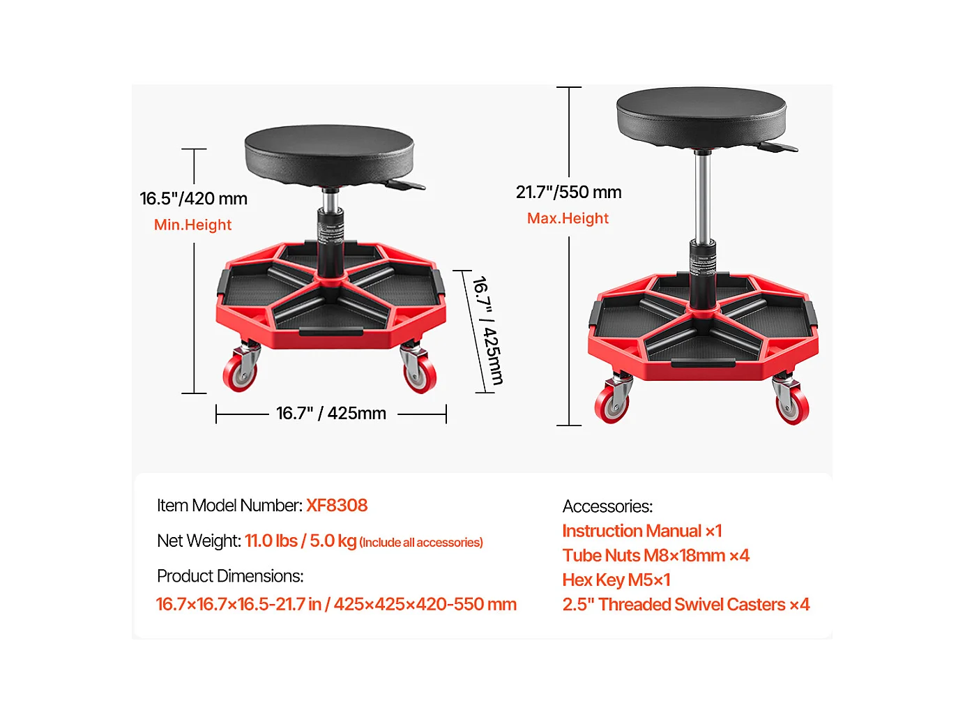 Tabouret d'Atelier, SucceBuy Tabouret d'Atelier Mobile, Siège de Mécanicien sur Roulettes, Capacité 136 kg pour Réparation et Entretien Automobile, Noir et Rouge