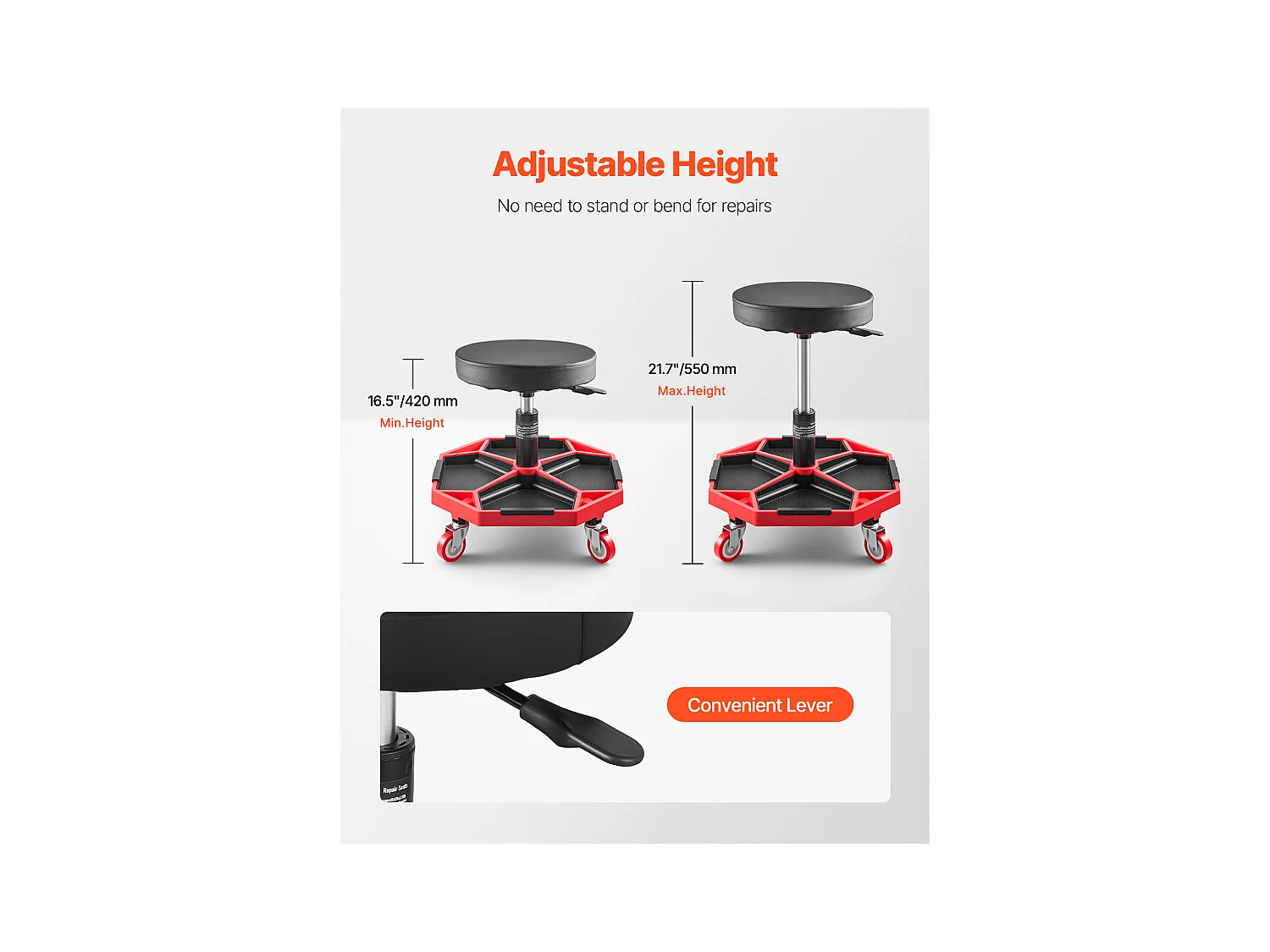 Tabouret d'Atelier, SucceBuy Tabouret d'Atelier Mobile, Siège de Mécanicien sur Roulettes, Capacité 136 kg pour Réparation et Entretien Automobile, Noir et Rouge