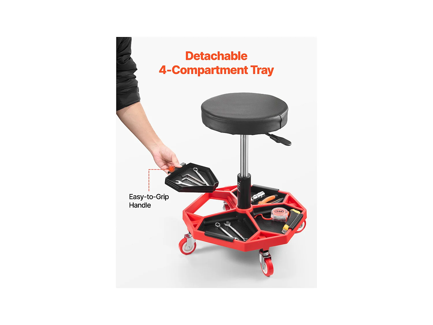 Tabouret d'Atelier, SucceBuy Tabouret d'Atelier Mobile, Siège de Mécanicien sur Roulettes, Capacité 136 kg pour Réparation et Entretien Automobile, Noir et Rouge