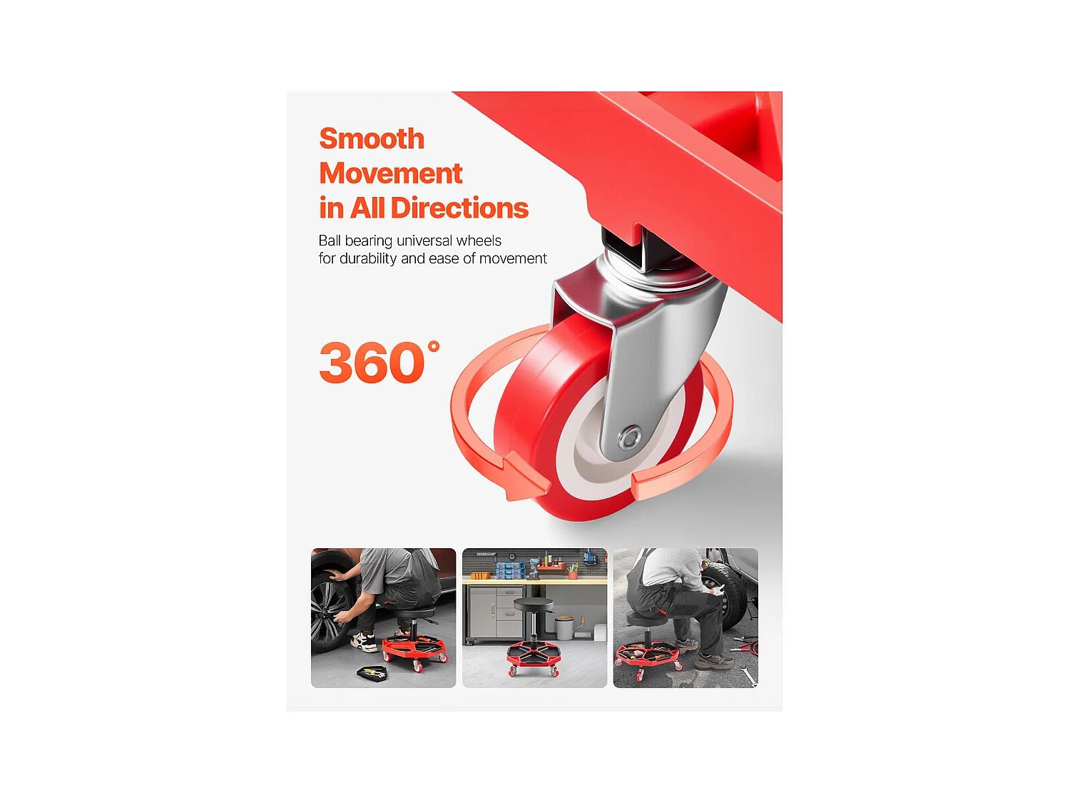 Tabouret d'Atelier, SucceBuy Tabouret d'Atelier Mobile, Siège de Mécanicien sur Roulettes, Capacité 136 kg pour Réparation et Entretien Automobile, Noir et Rouge