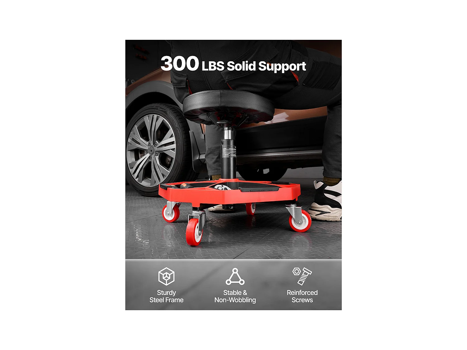 Tabouret d'Atelier, SucceBuy Tabouret d'Atelier Mobile, Siège de Mécanicien sur Roulettes, Capacité 136 kg pour Réparation et Entretien Automobile, Noir et Rouge